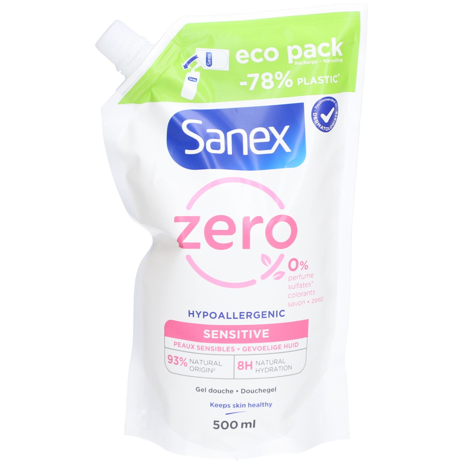 Sanex Zero Eco Recharge. Witte verpakking, groene en roze tekst. "Eco Pack -78% Plastic".
