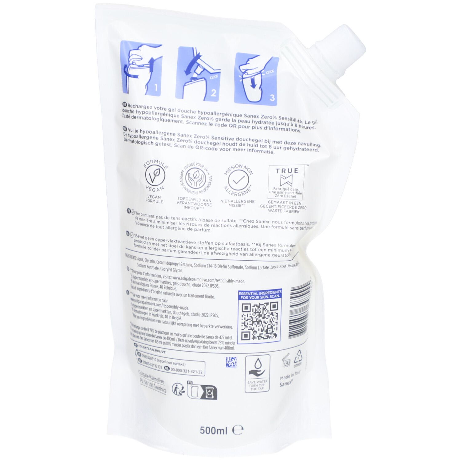 Achterkant Sanex Zero Eco Recharge. Instructies, logo's en tekst. 500ml. Vegan, dermatologisch getest.
