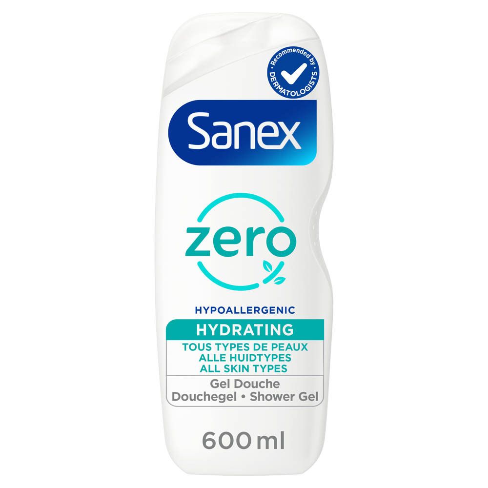 Sanex Zero% douchegelfles. Wit, met blauwe en turquoise tekst. 600 ml. Dermatologisch getest.