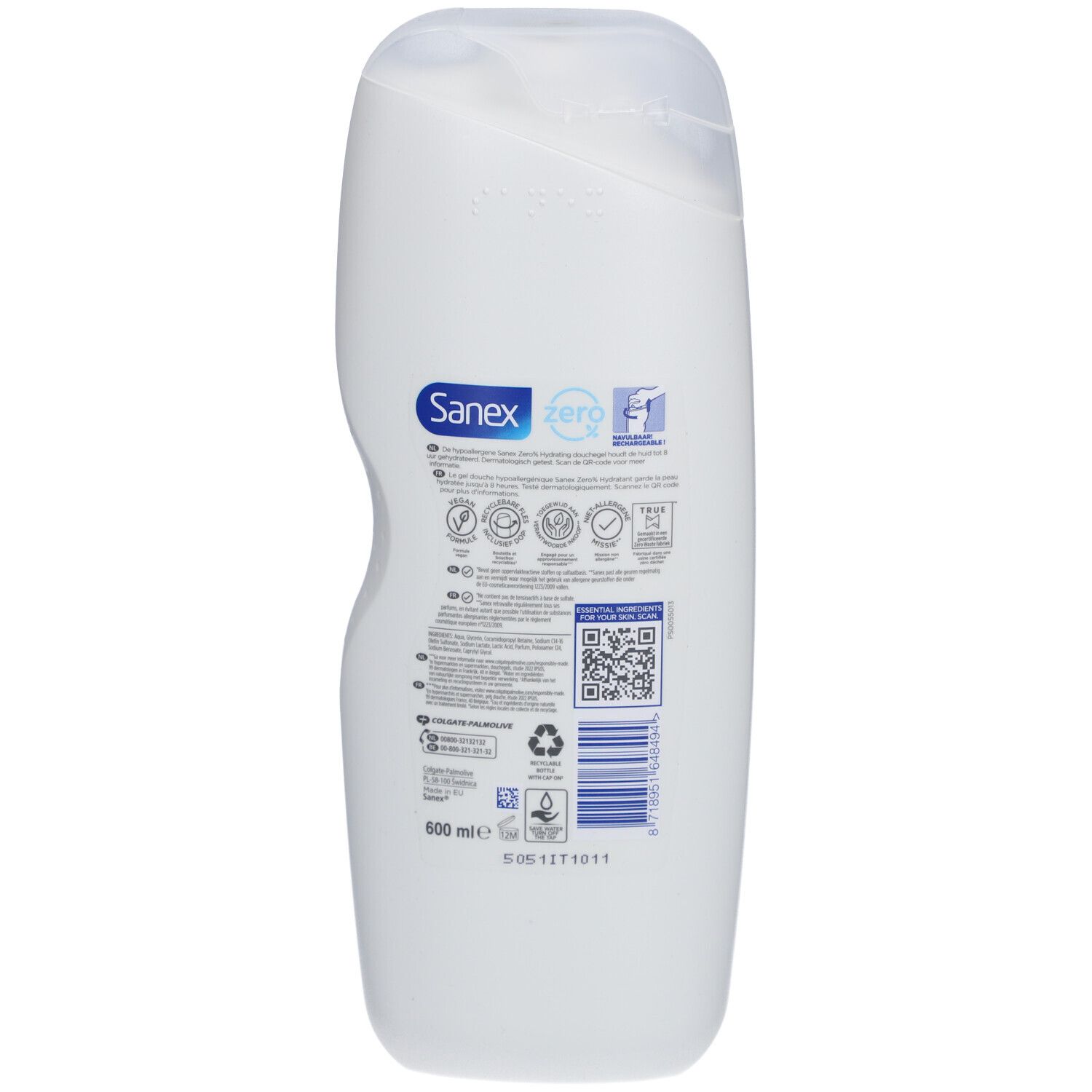 Rückseite der Sanex Zero% Duschgel-Flasche. Enthält Informationen, QR-Code und Recycling-Symbol.