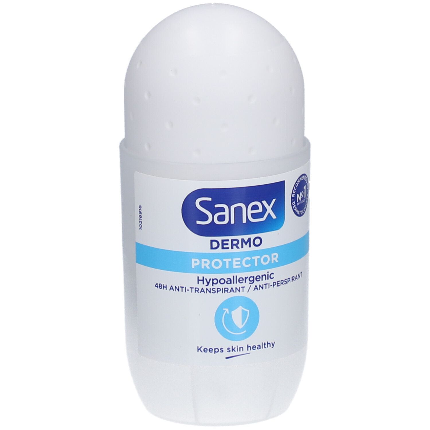 Weißer Roll-on-Deo-Behälter. Sanex Dermo Protector, 48h Anti-Transpirant. Hypoallergen.