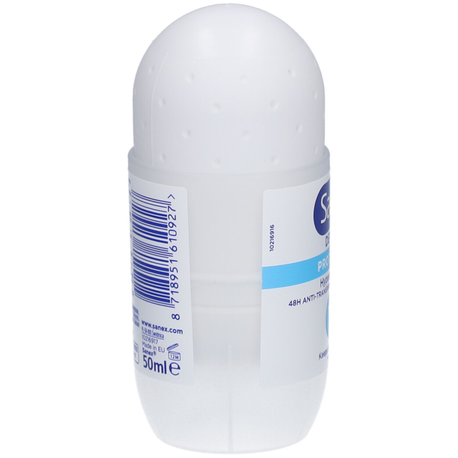 Weißer Roll-on-Deo-Behälter. Rückseite mit Barcode und Text. 50ml.