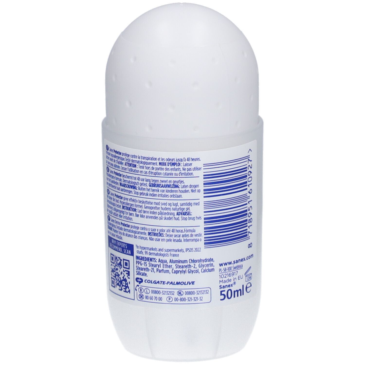 Rückseite des weißen Roll-on-Deo-Behälters. Text in mehreren Sprachen. 50ml.