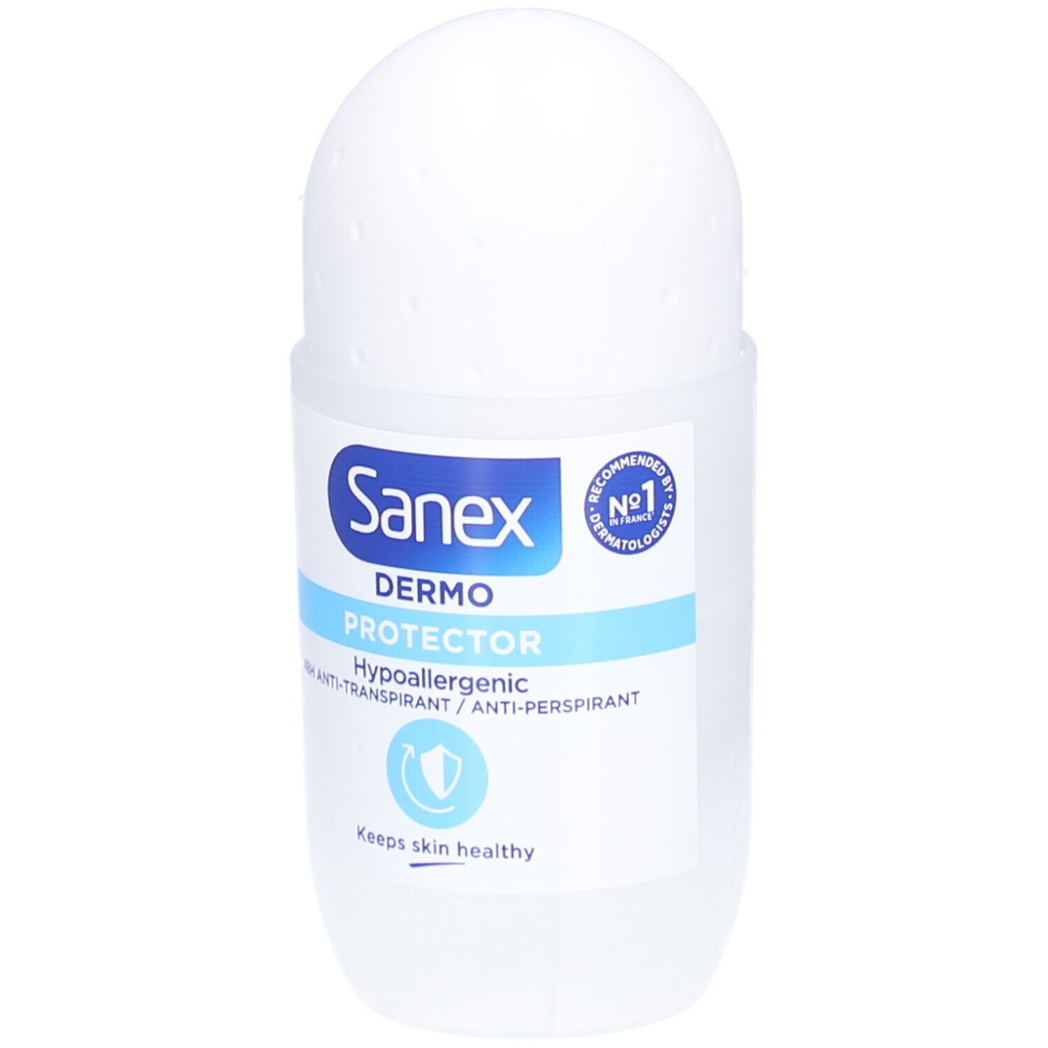 Weißer Roll-on-Deo-Behälter. Sanex Dermo Protector, 48h Anti-Transpirant. Dermatologisch getest.