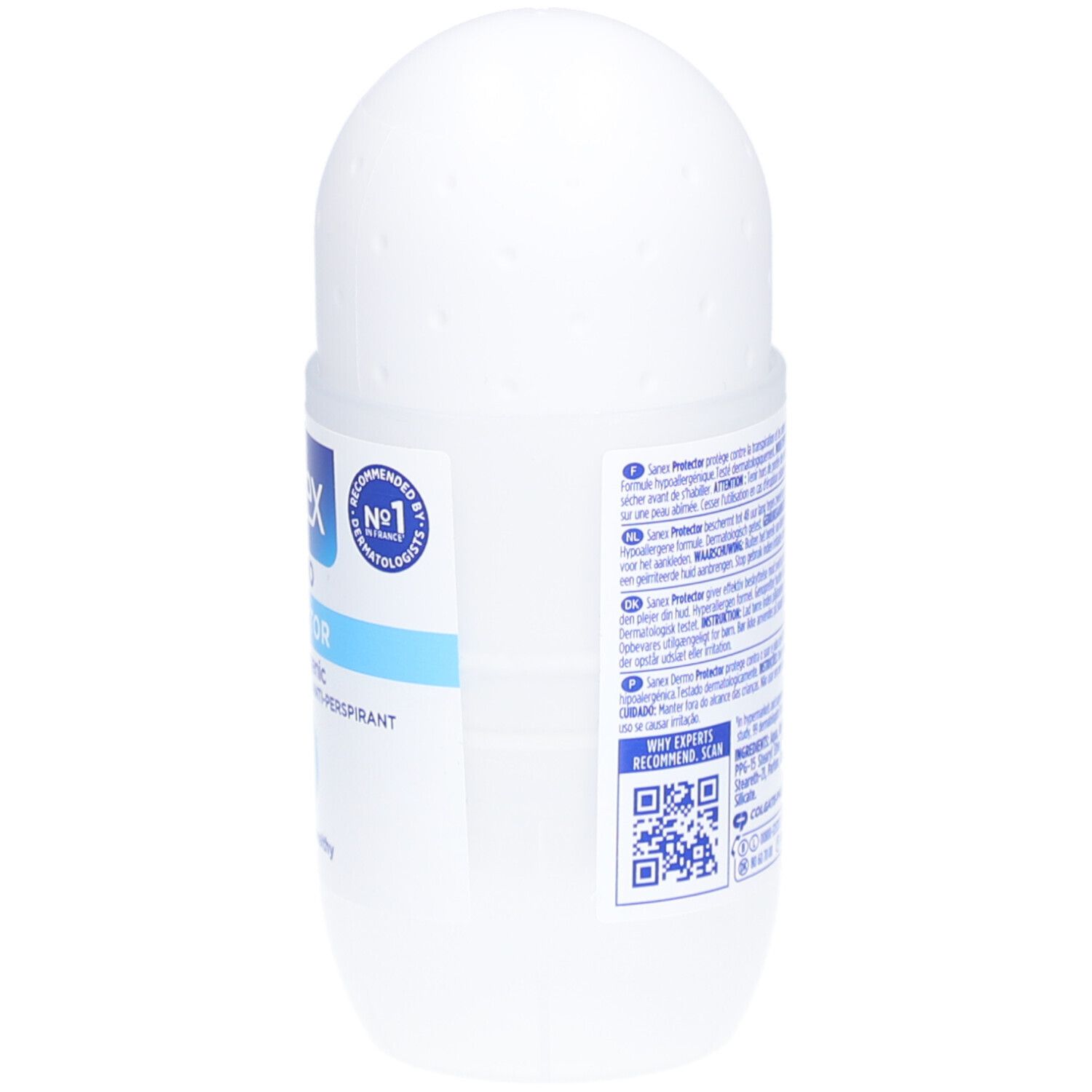 Weißer Roll-on-Deo-Behälter. Rückseite mit Text. Dermatologisch getestet.