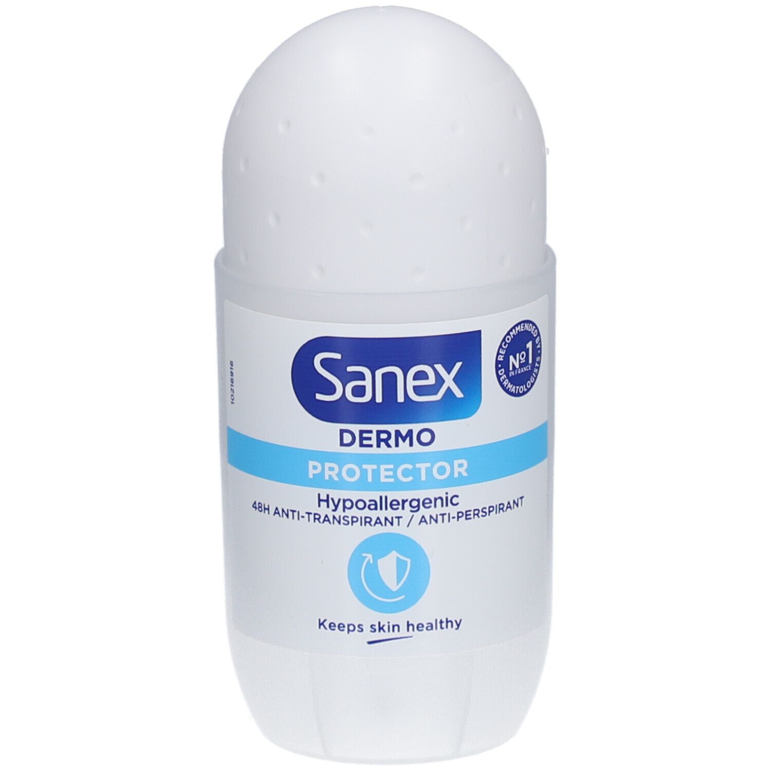 Weißer Roll-on-Deo-Behälter. Sanex Dermo Protector, 48h Anti-Transpirant. Hypoallergen.