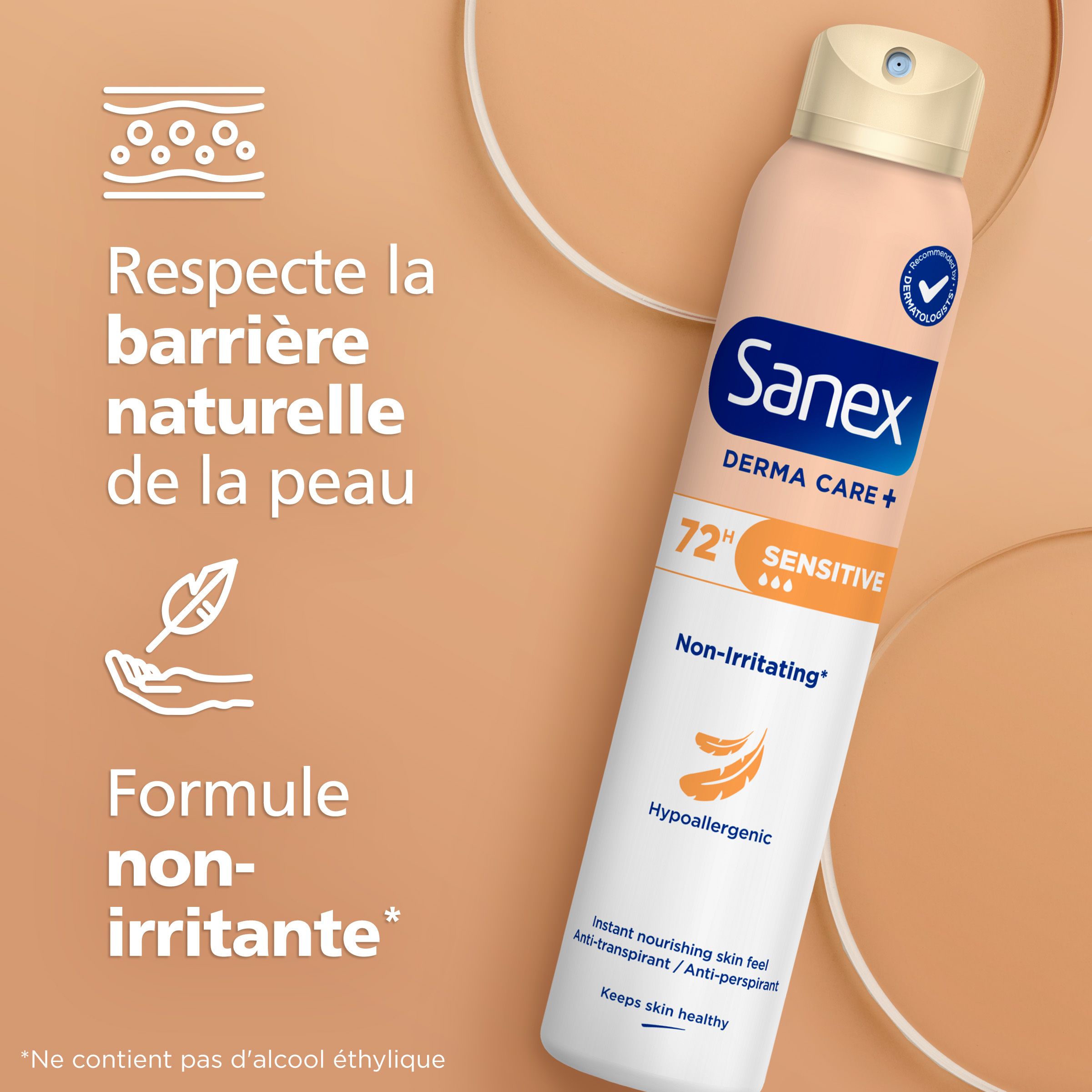 Sanex Derma Care+ 72h Sensitive Déodorant Spray. Hypoallergénique, non irritant.