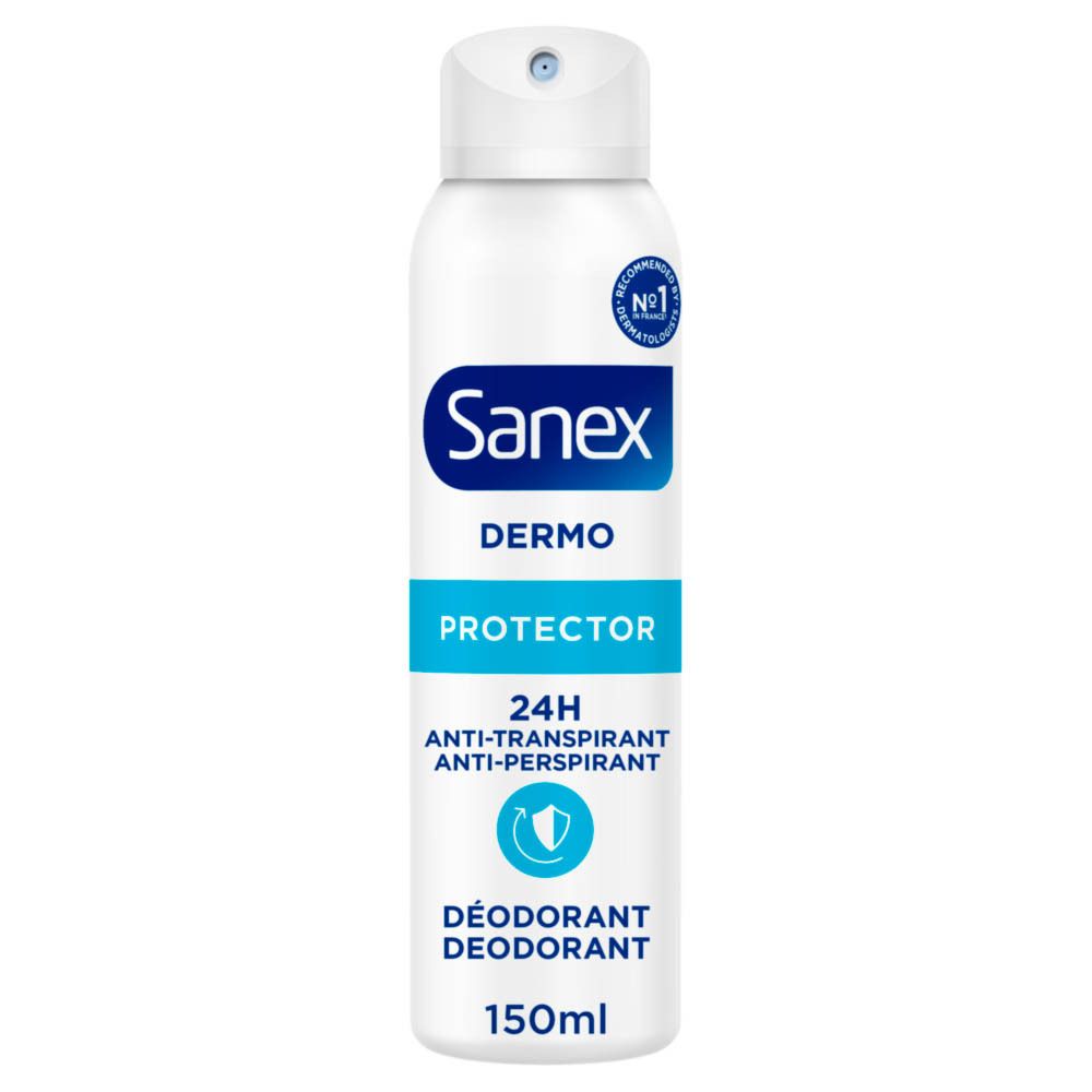 Spray déodorant Sanex Dermo Protector. Spray blanc avec étiquette bleue. 150ml. Anti-transpirant 24H.