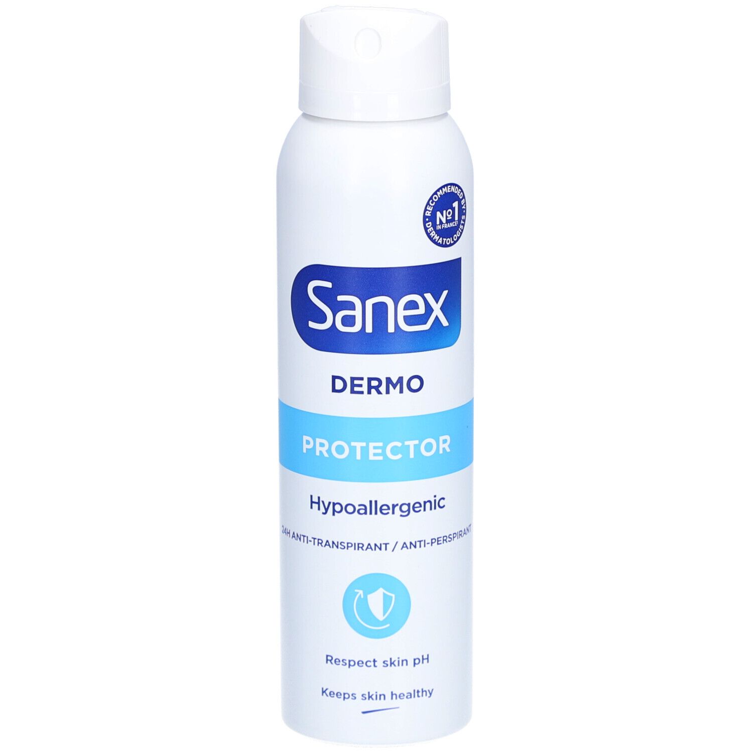 Weißes Sanex Dermo Protector Deodorant-Spray. Blaue und weiße Beschriftung. Hypoallergen. 24H Anti-Transpirant.