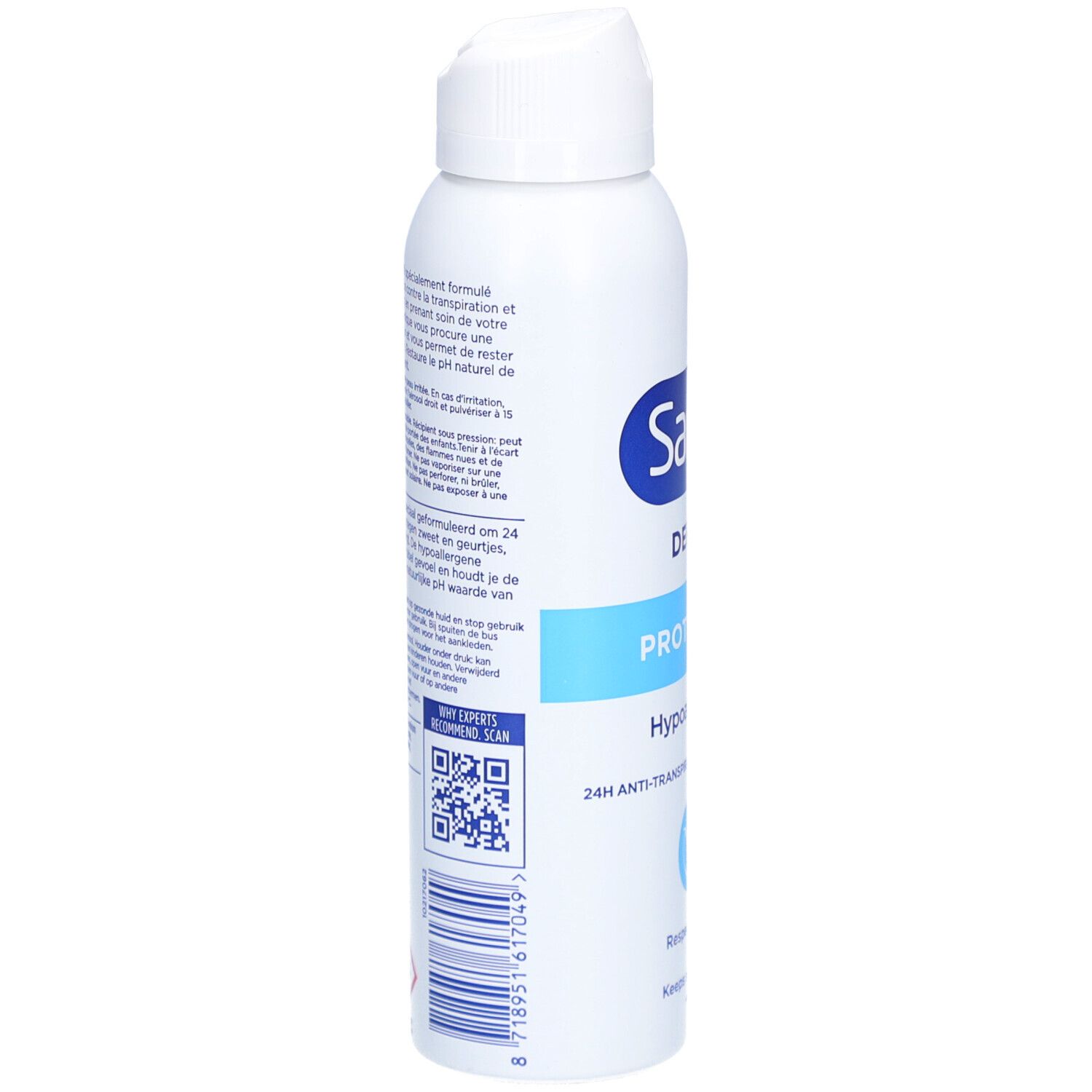 Rückseite der weißen Sanex Dermo Protector Deodorant-Spray-Dose. Text in mehreren Sprachen. QR-Code.