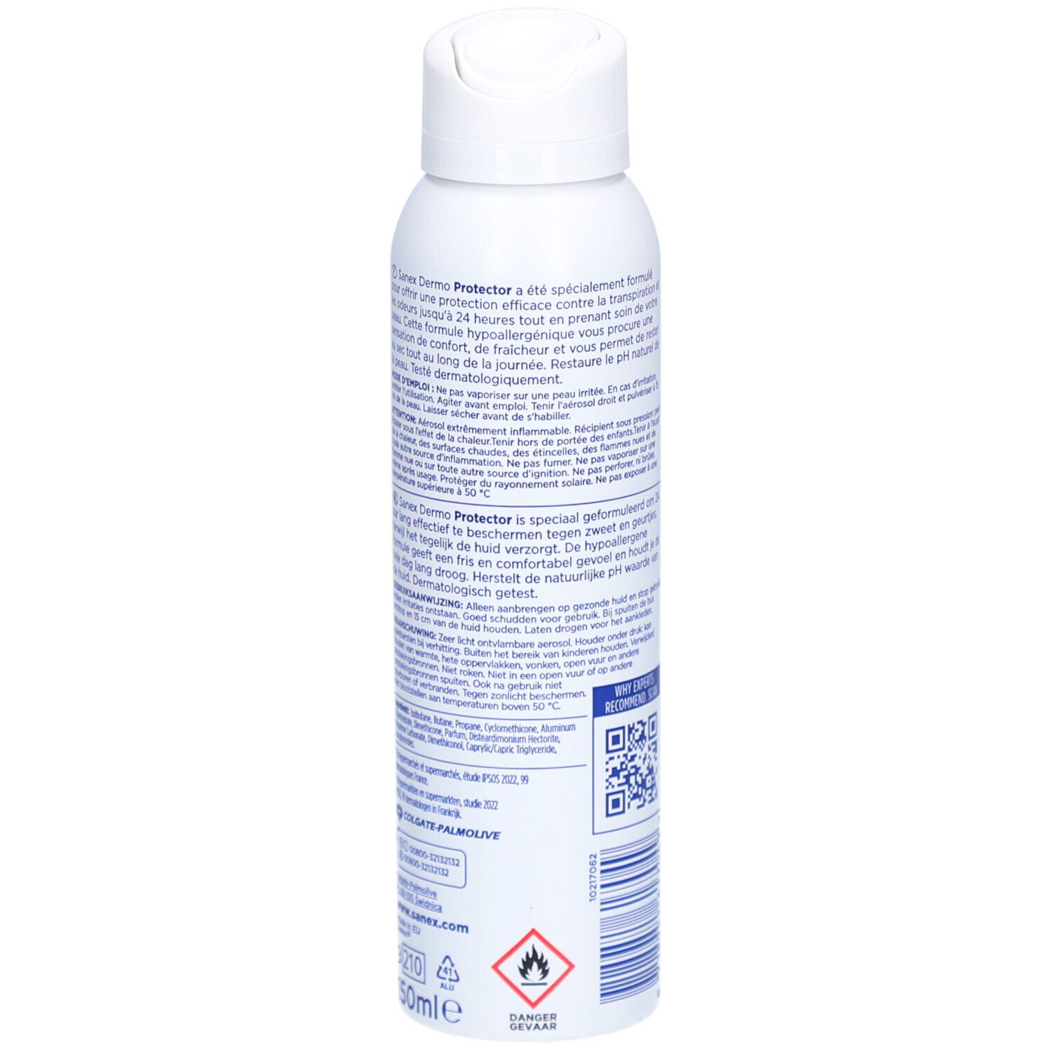 Rückseite der weißen Sanex Dermo Protector Deodorant-Spray-Dose. Text in mehreren Sprachen. Gefahrensymbol.