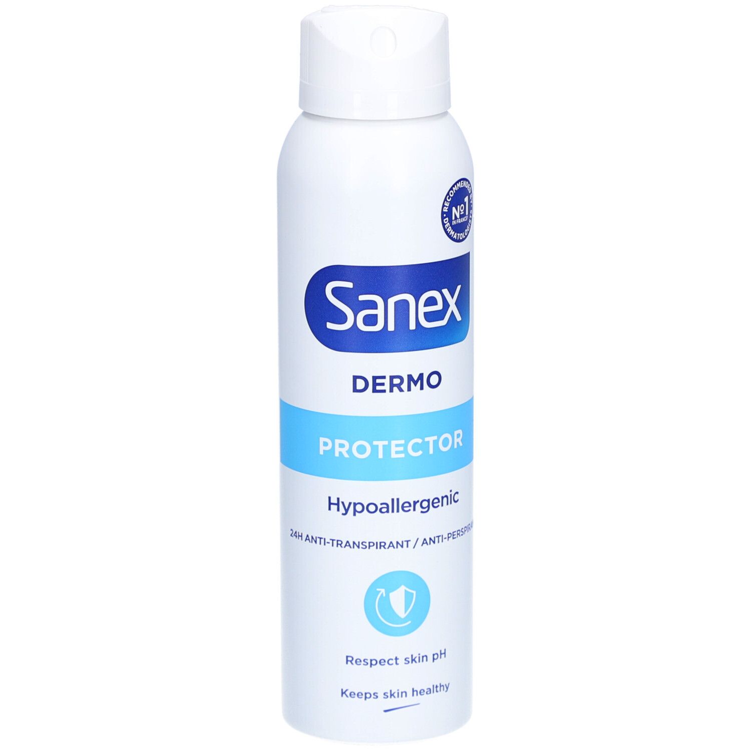 Weißes Sanex Dermo Protector Deodorant-Spray. Blaue und weiße Beschriftung. Hypoallergen. 24H Anti-Transpirant.