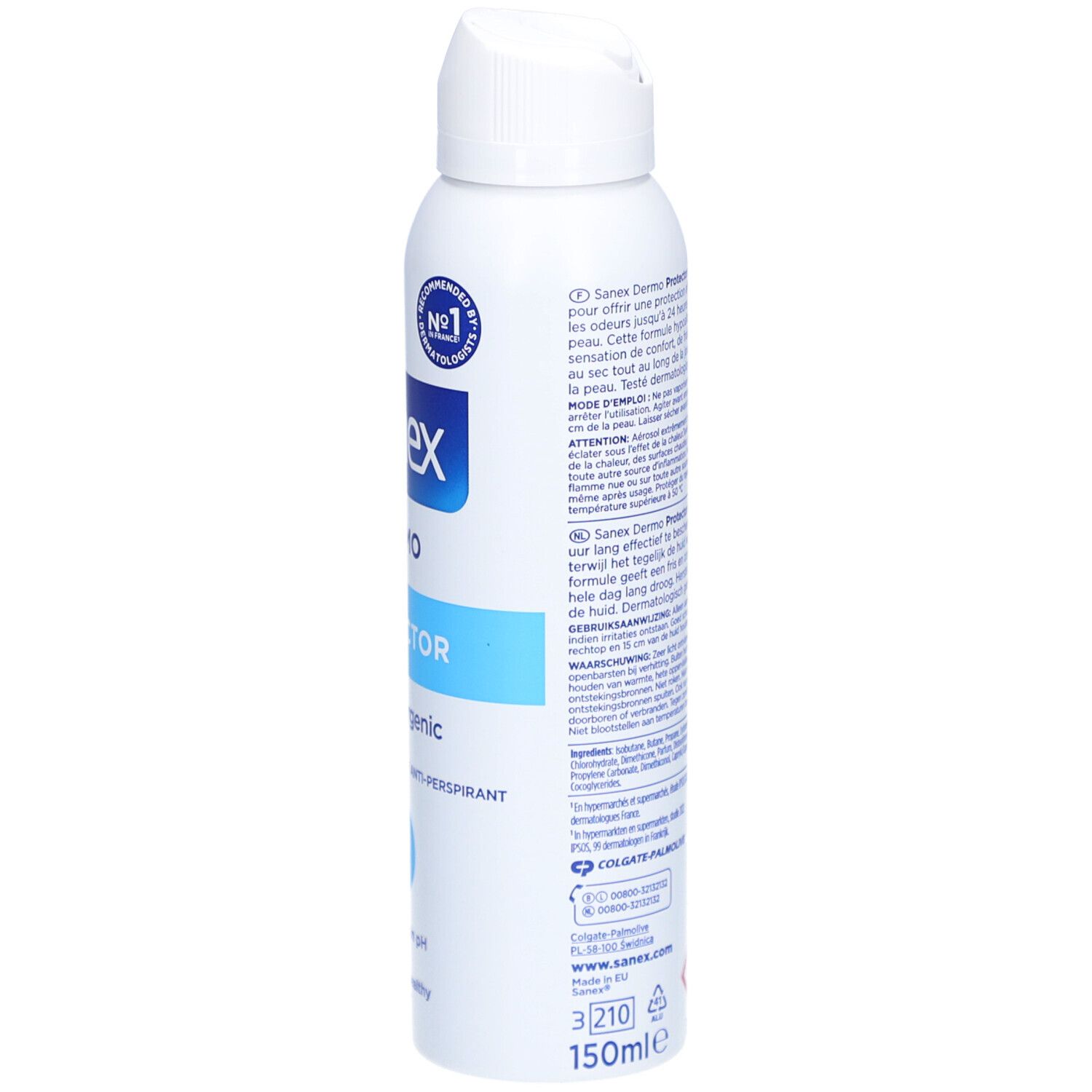 Rückseite der weißen Sanex Dermo Protector Deodorant-Spray-Dose. Text in mehreren Sprachen. Volumen: 150ml.