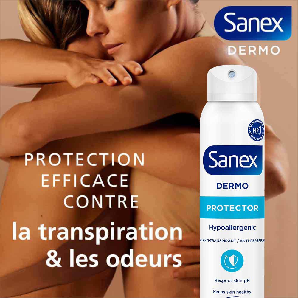 Spray déodorant Sanex Dermo Protector. Deux personnes s'embrassent. Texte : Protection contre la transpiration et les odeurs.