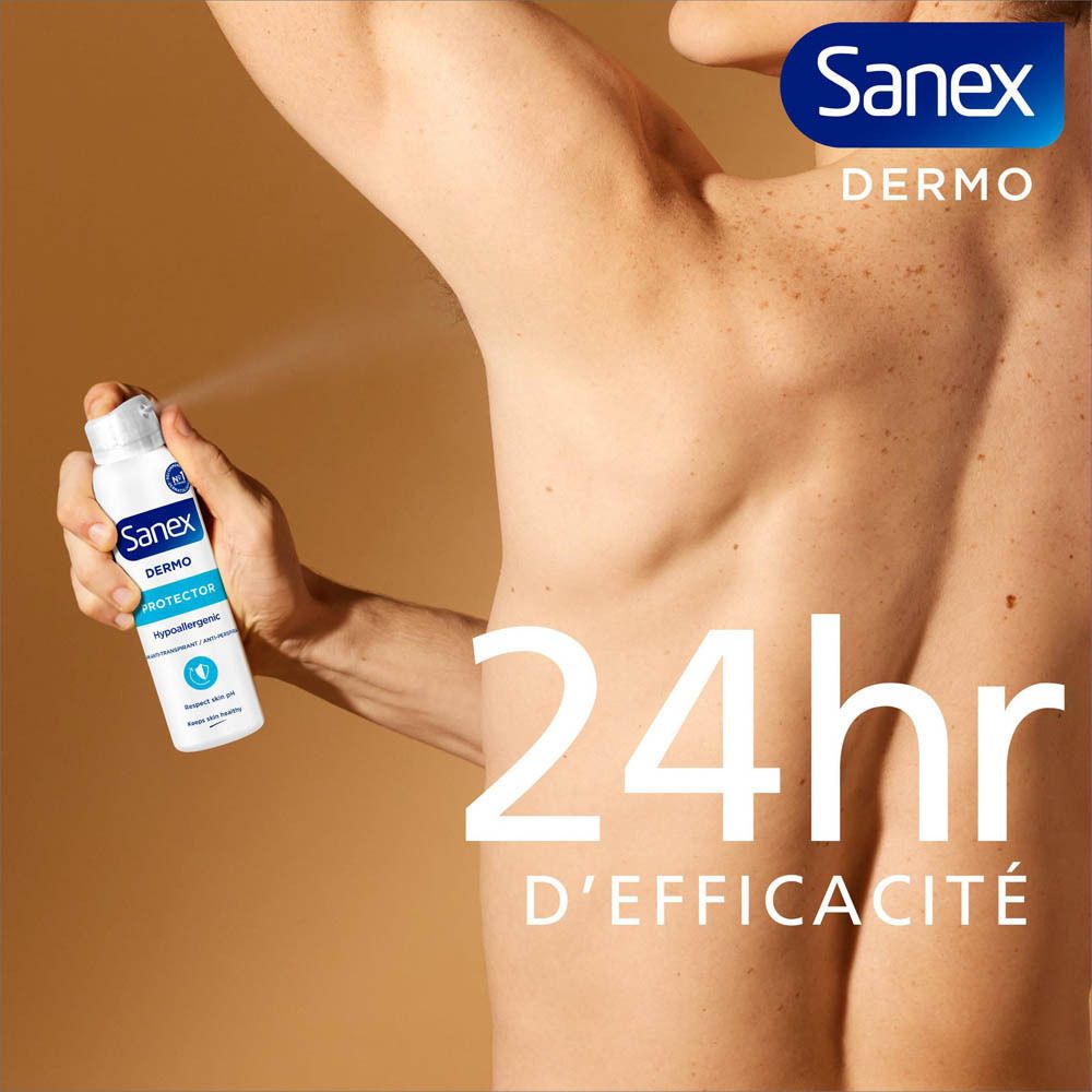 Spray déodorant Sanex Dermo Protector. Homme qui vaporise. Texte : 24h d'efficacité.