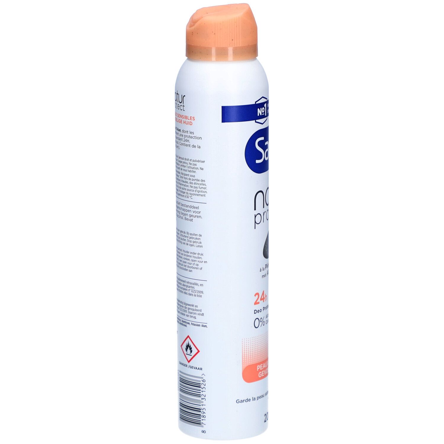 Spray déodorant, vue latérale. Boîtier blanc avec lettrage bleu et orange. Texte : Sanex natur protect, 24h Deo Protection.
