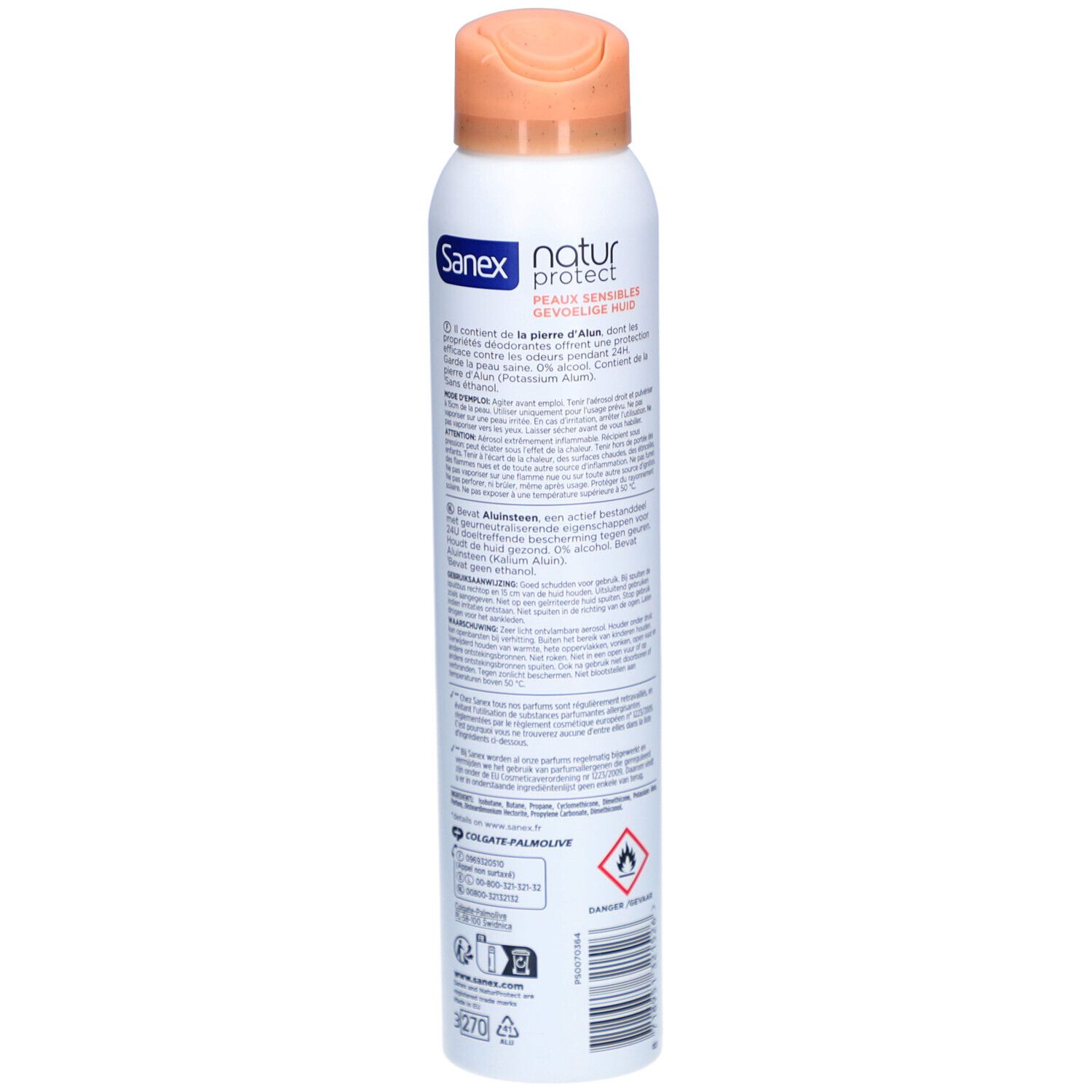Spray déodorant, vue arrière. Boîtier blanc avec lettrage bleu et orange. Texte : Sanex natur protect, 24h Deo Protection.