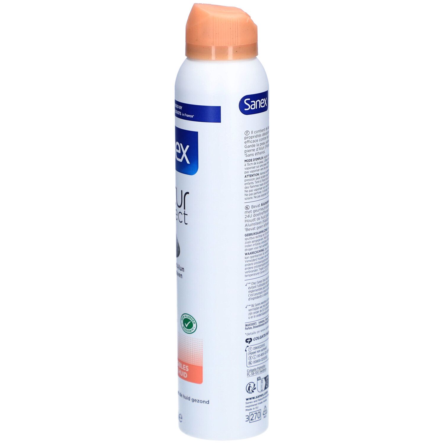 Spray déodorant, vue latérale. Boîtier blanc avec lettrage bleu et orange. Texte : Sanex natur protect, 24h Deo Protection.