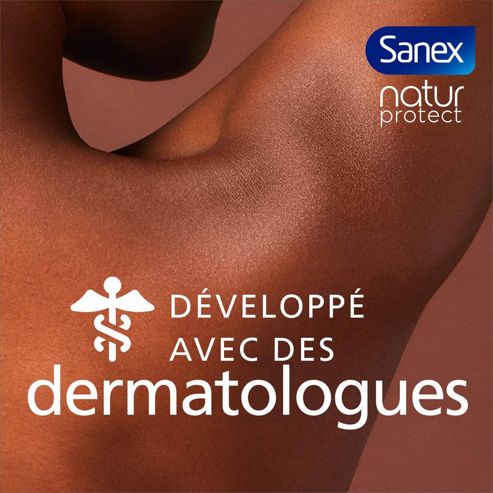 Bras avec peau. Texte : Développé avec des dermatologues. Logo Sanex natur protect.