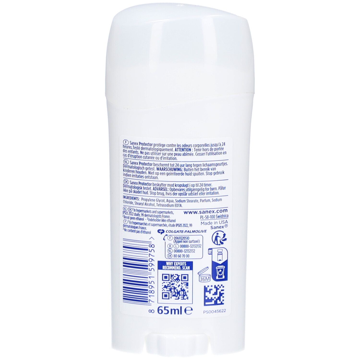 Dos du stick de déodorant. Informations sur les ingrédients, les avertissements et le fabricant.