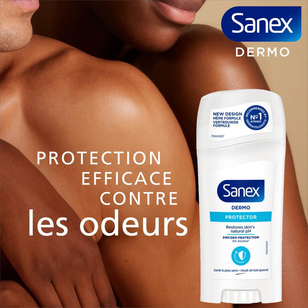 Publicité. Sanex Dermo. Protection efficace contre les odeurs. Deux personnes s'embrassent.