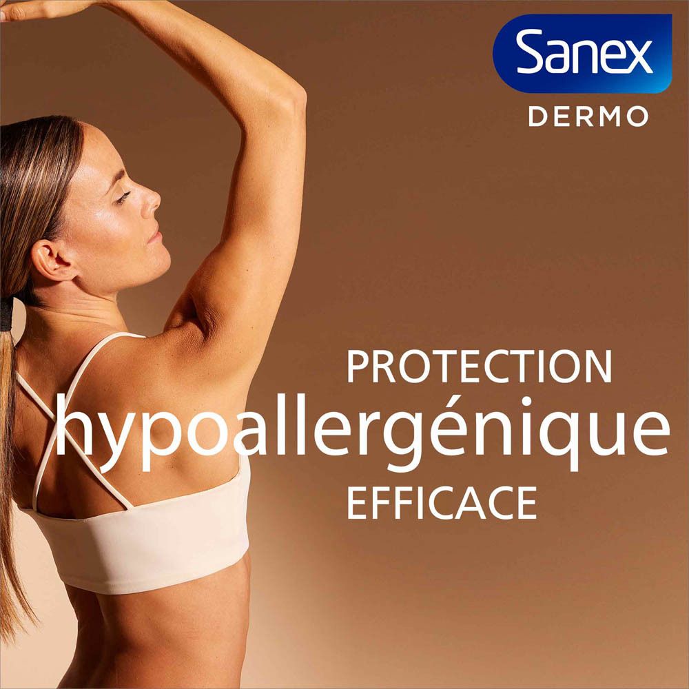 Publicité. Sanex Dermo. Hypoallergénique. Une femme lève les bras.