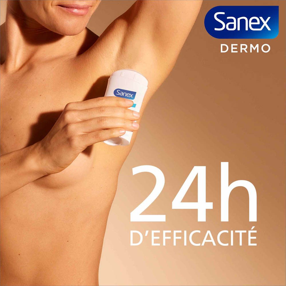 Publicité. Sanex Dermo. 24h d'efficacité. Un homme lève le bras.