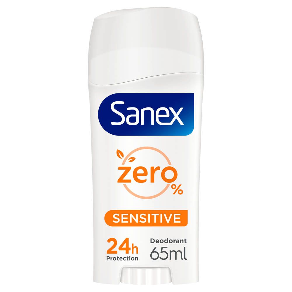 Stick déodorant Sanex Zero%. Blanc, cylindrique. Protection 24h, peau sensible. Sans alcool ni colorants.