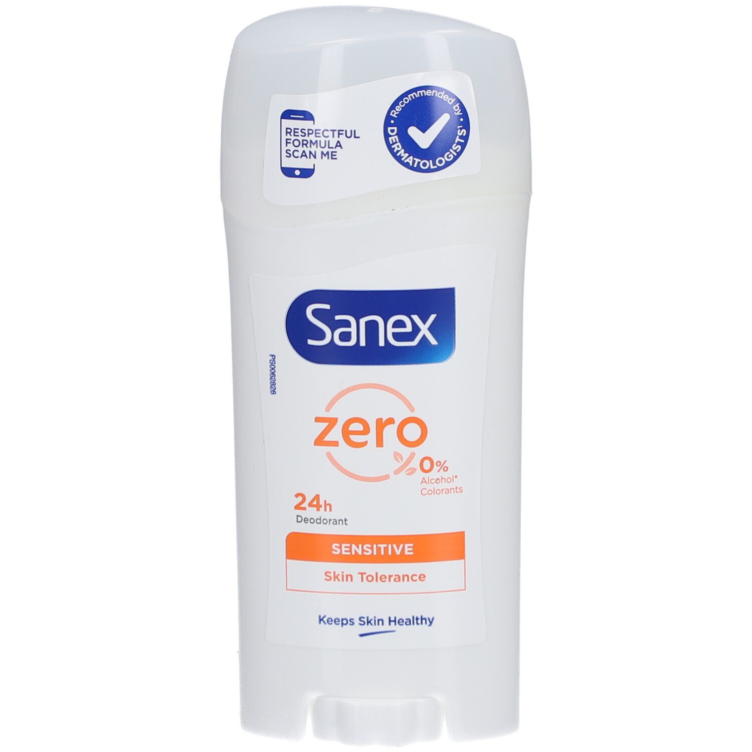 Stick déodorant Sanex Zero%. Blanc, cylindrique. Protection 24h, peau sensible. Sans alcool ni colorants.