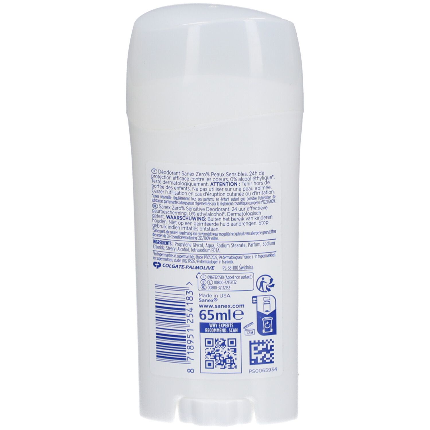 Dos du stick déodorant Sanex Zero%. Contient des informations sur les ingrédients, le fabricant et un QR code.