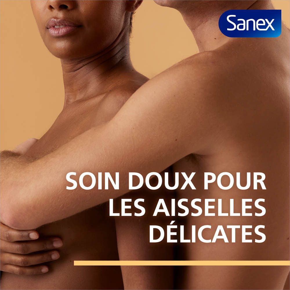 Deux personnes s'embrassent. Texte: Sanex. Soin doux pour les aisselles délicates.