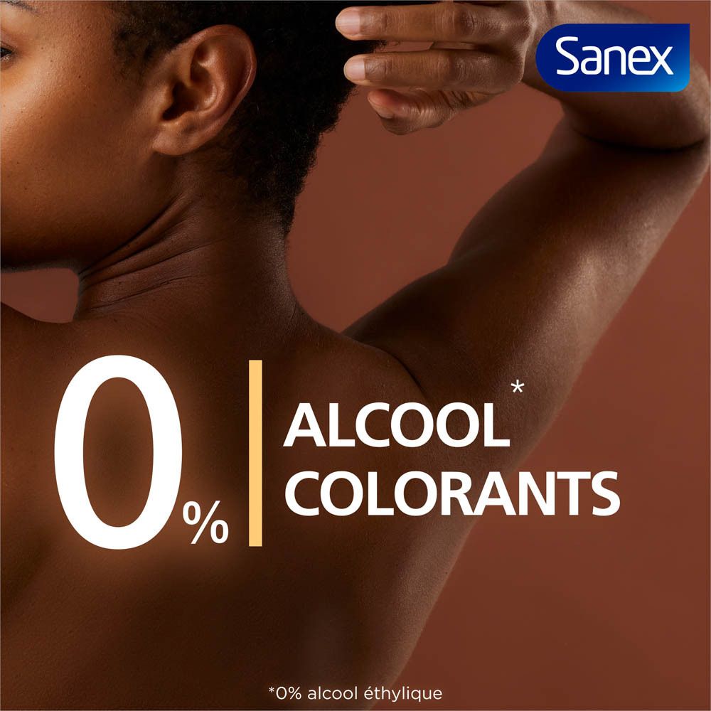 Gros plan d'une aisselle. Texte: Sanex. 0% Alcool, colorants.