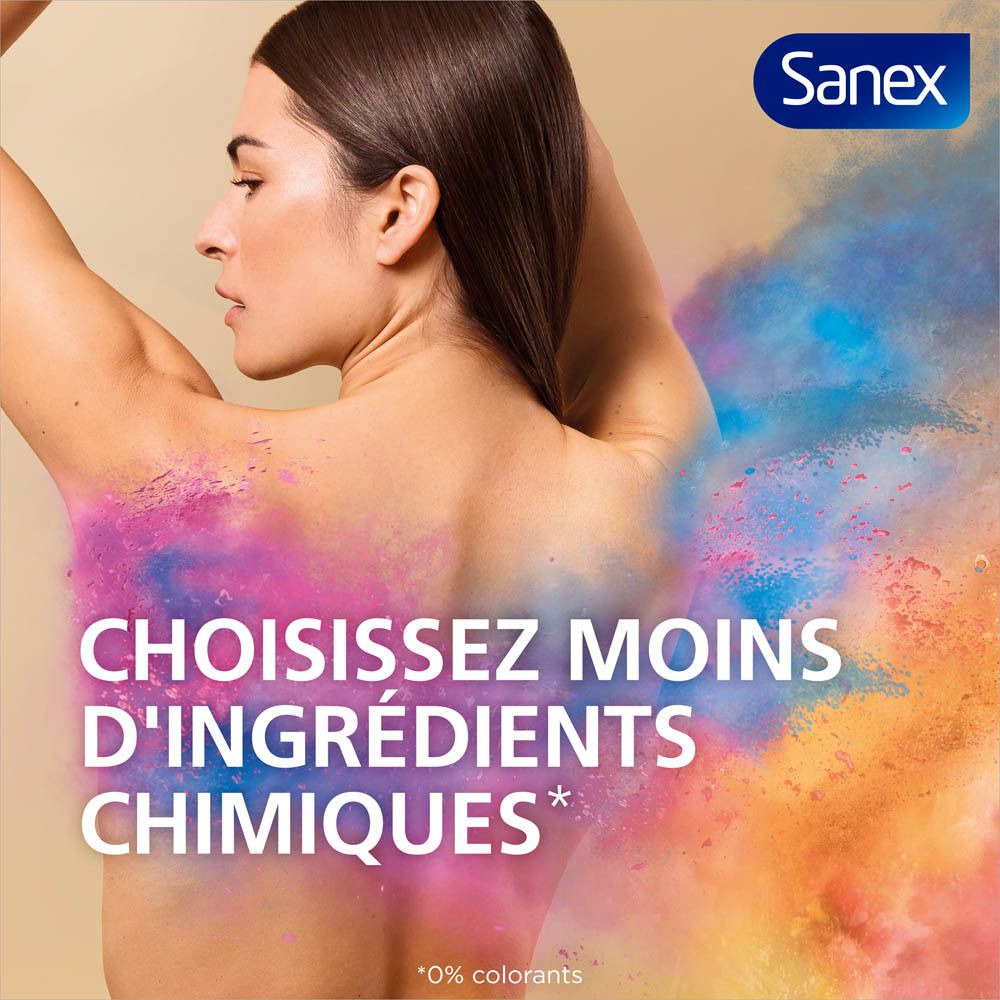 Une femme avec de la poudre colorée sur le dos. Texte: Sanex. Choisissez moins d'ingrédients chimiques.