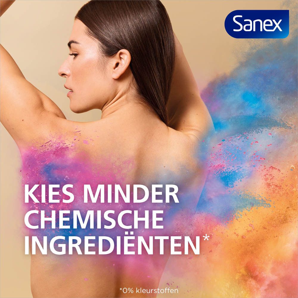 Een vrouw met gekleurd poeder op haar rug. Tekst: Kies minder chemische ingrediënten.