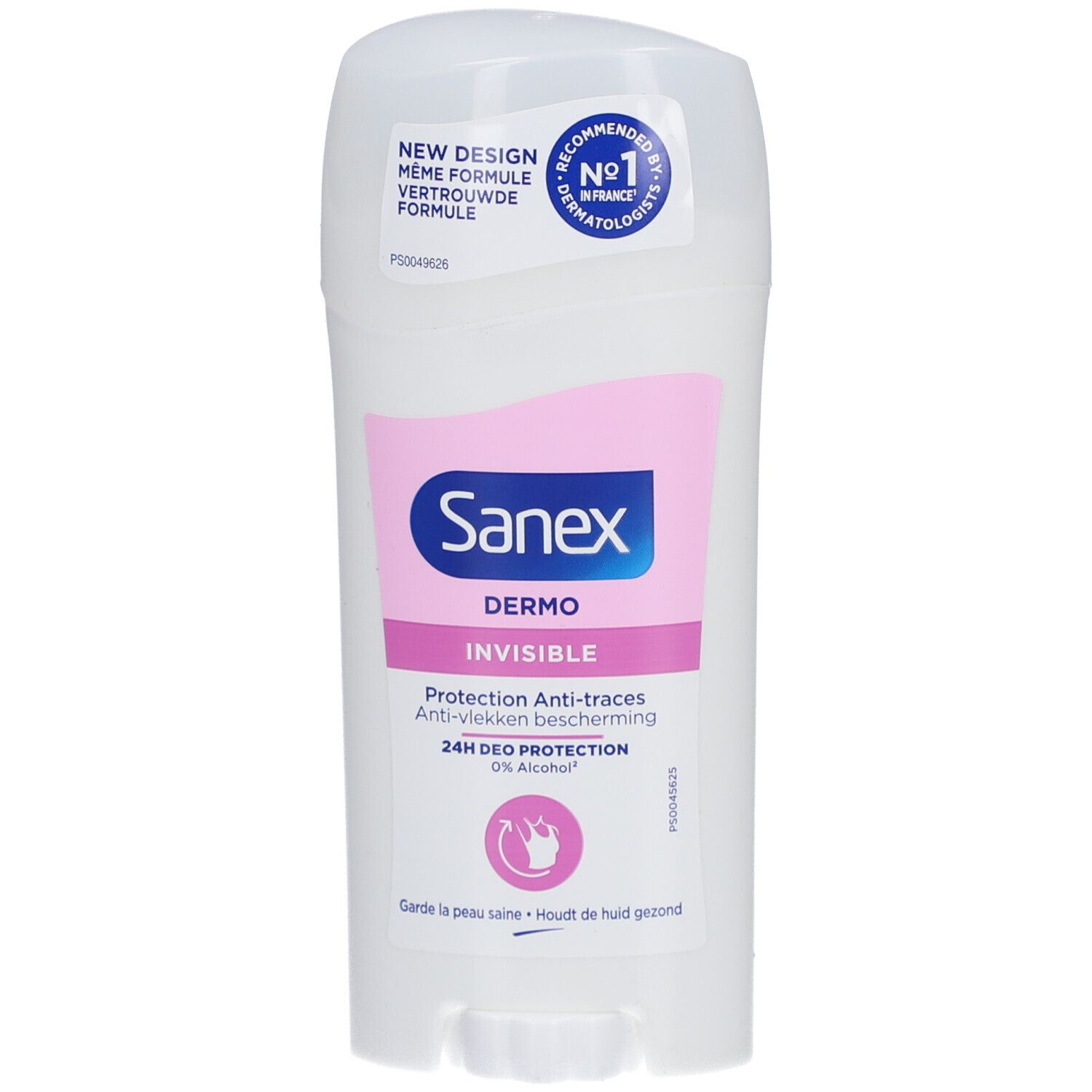 Weißer Deostift mit rosa Etikett. Sanex Dermo Invisible, 24h Deo Protection, 0% Alkohol. Siegel: Nr. 1 in Frankreich von Dermatologen empfohlen.