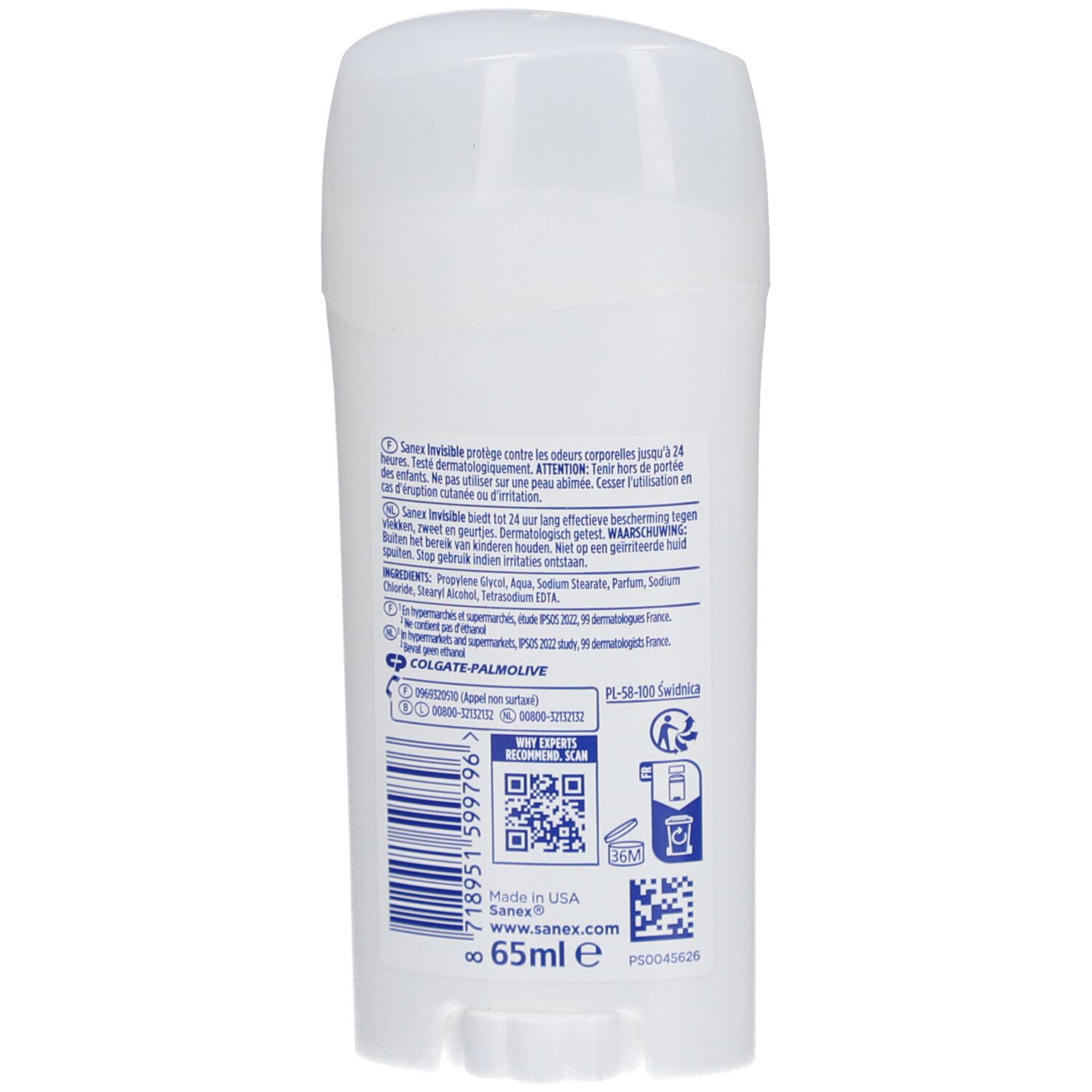 Rückseite eines weißen Deostifts. Text: Sanex Invisible, Inhaltsstoffe, QR-Code, 65ml, Hergestellt in den USA.