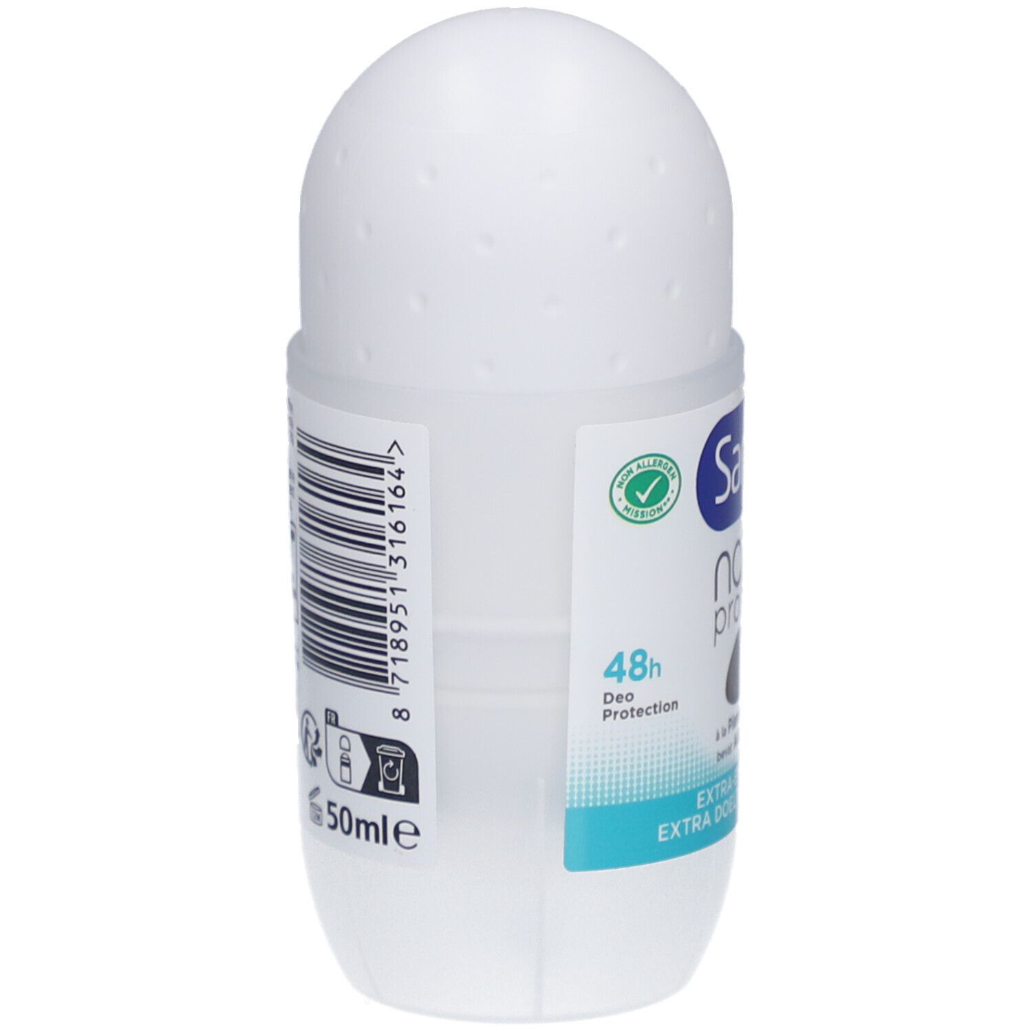 Weißer Roll-on-Deo-Behälter mit 50ml Inhalt. Zeigt '48h Deo Protection' und 'EXTRA DRY'.