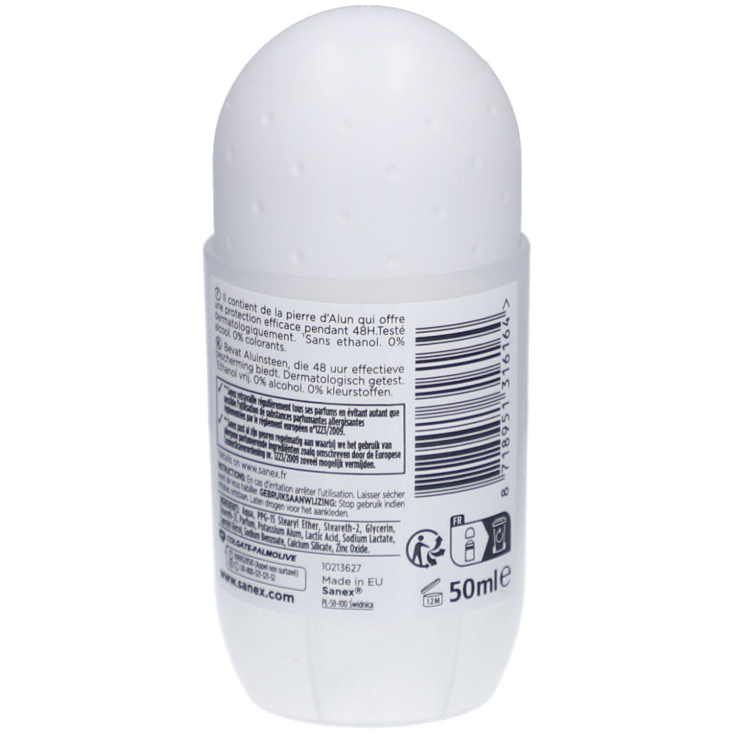 Weißer Roll-on Deodorant Behälter mit Deckel. 50ml. Enthält Textinformationen und Barcode.