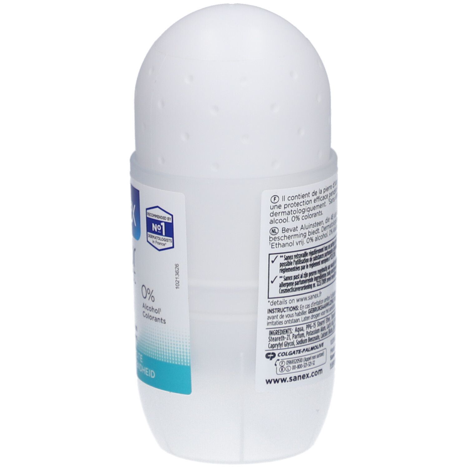 Weiße Roll-on-Deodorantflasche mit blauen und weißen Etiketten. Enthält 0% Alkohol und Farbstoffe.
