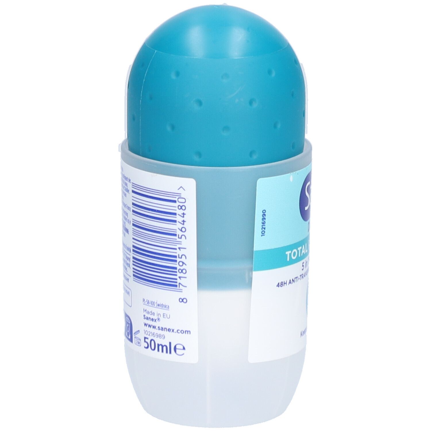 Ein blauer Roll-on-Deodorant-Behälter mit gepunkteter Oberfläche und weißem Sockel. 50ml.