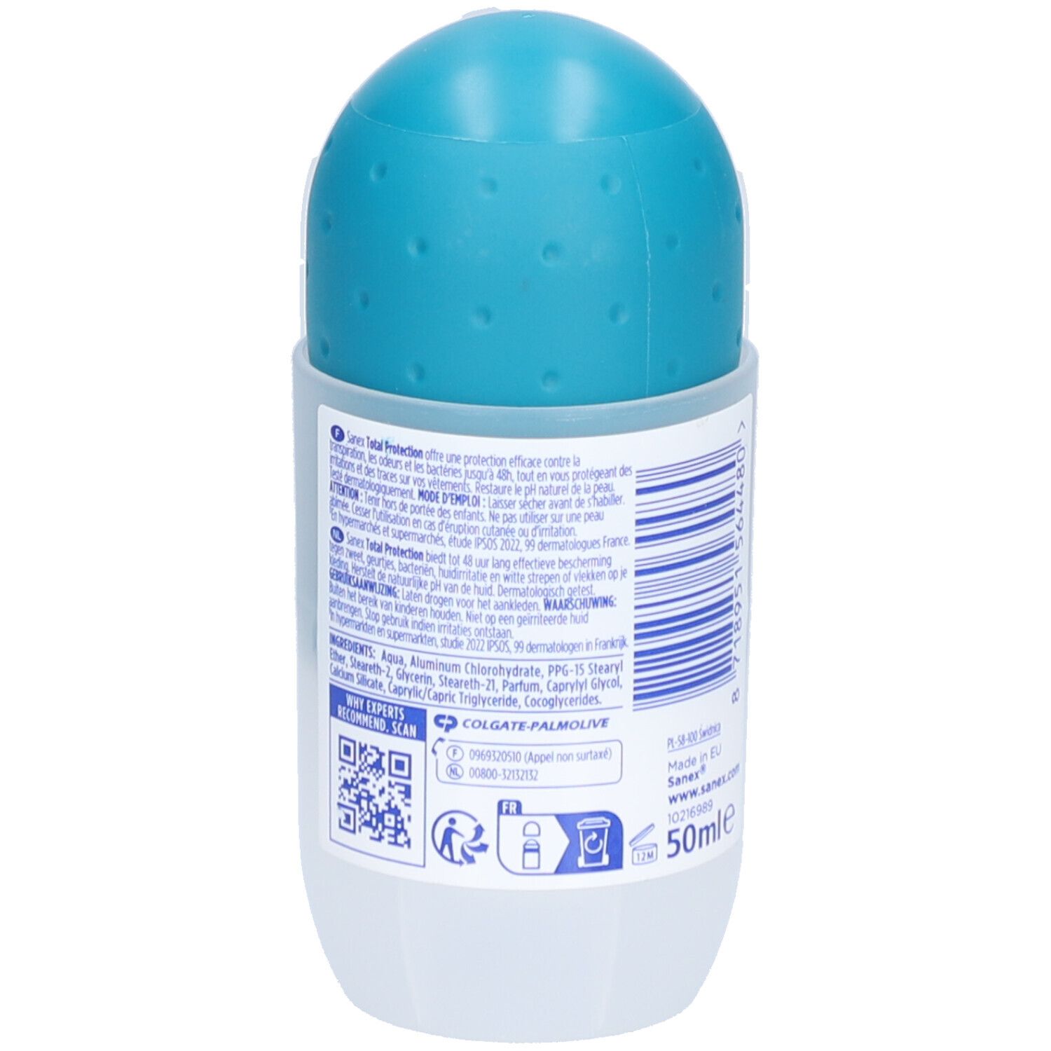 Ein blauer Roll-on-Deodorantbehälter mit weißem Deckel und Etikett. Enthält 50ml.