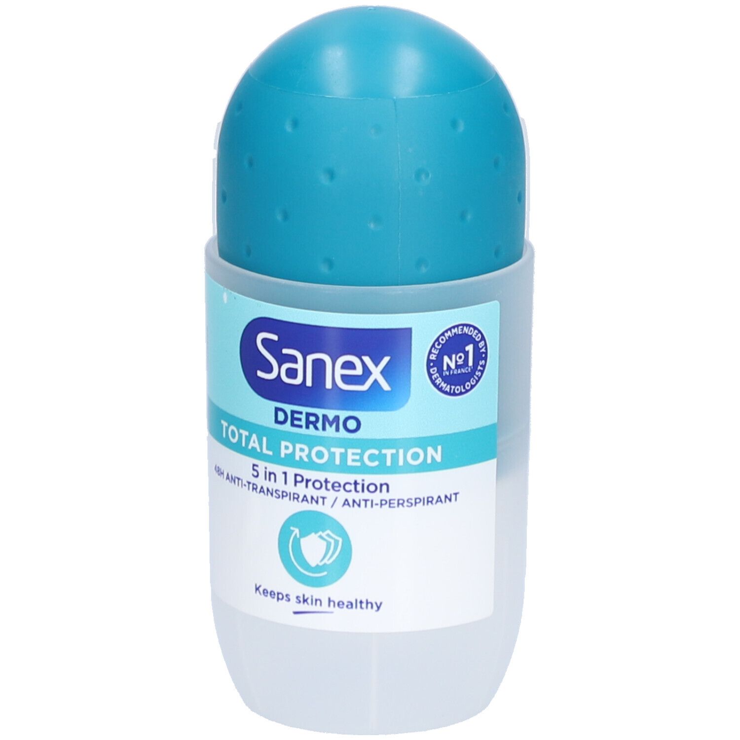 Sanex Dermo Total Protection Roll-On Antitranspirant mit 5-in-1-Schutz. Blaue Kappe, transparenter Behälter.
