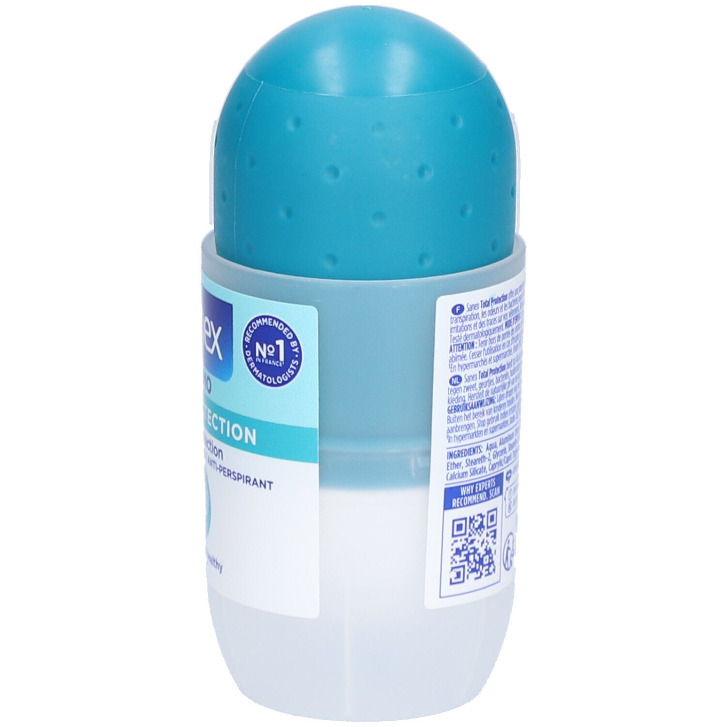 Ein blauer Roll-on-Deodorant-Applikator mit weißem Behälter und Etikett.