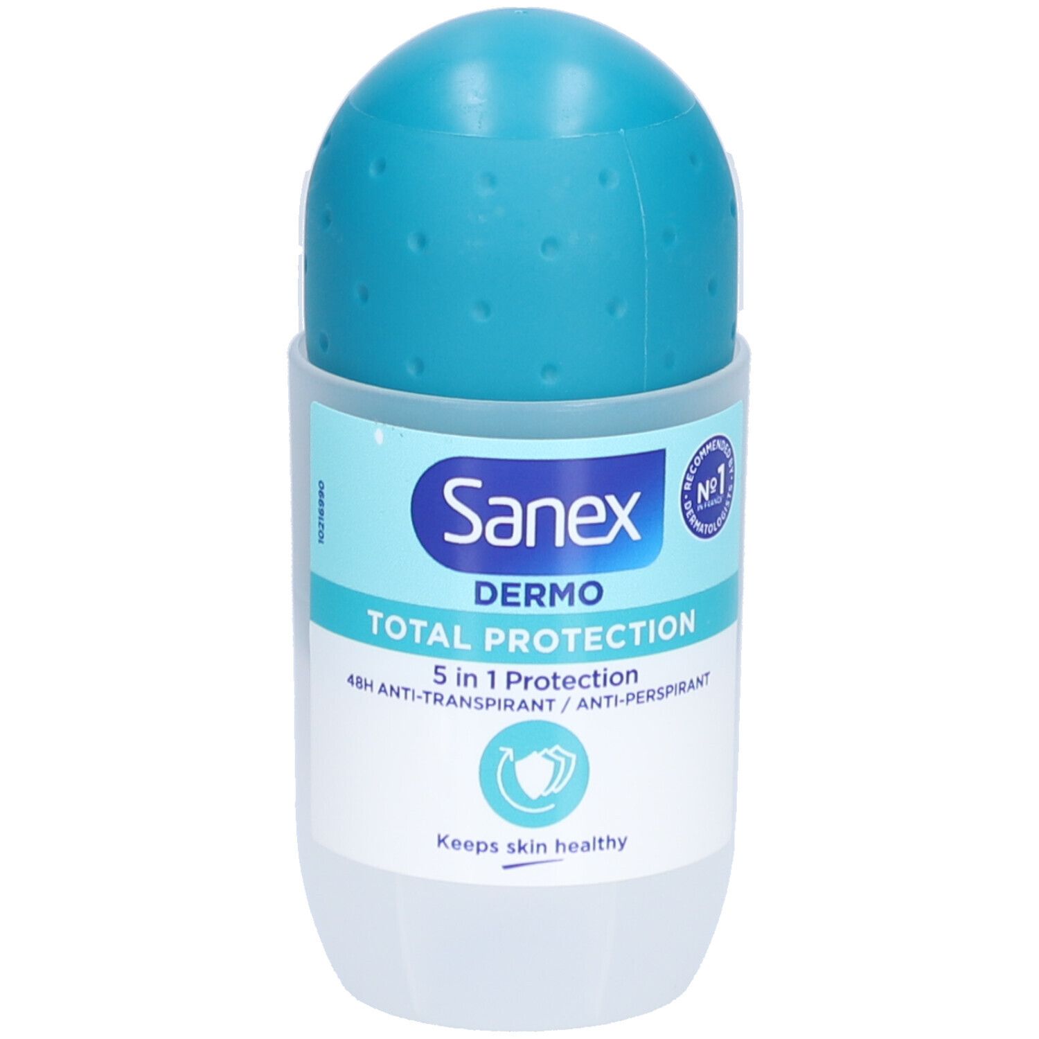 Sanex Dermo Total Protection Roll-On Antitranspirant mit 5-in-1-Schutz. Blaue Kappe, transparente Flasche.