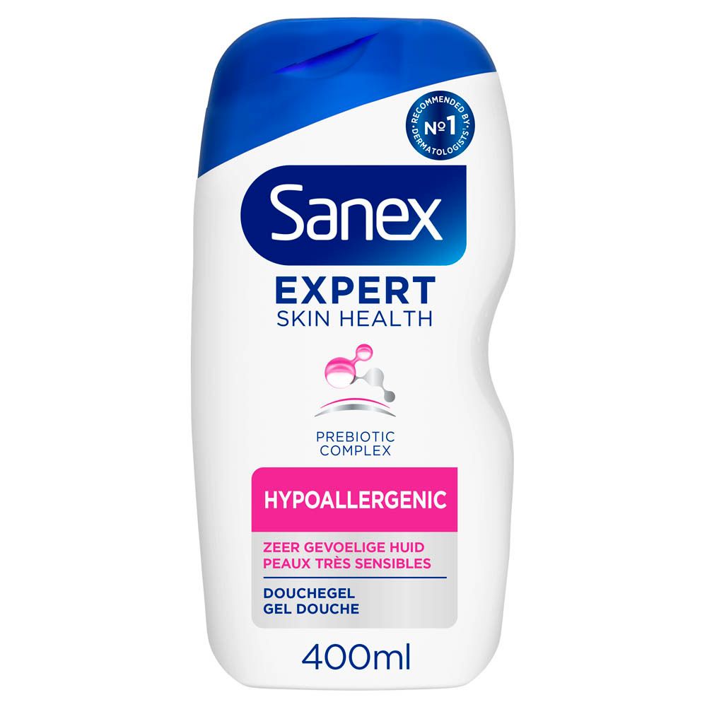 Sanex Expert Skin Health douchegel. Witte fles met blauwe dop. Tekst: Hypoallergeen, zeer gevoelige huid, 400ml.