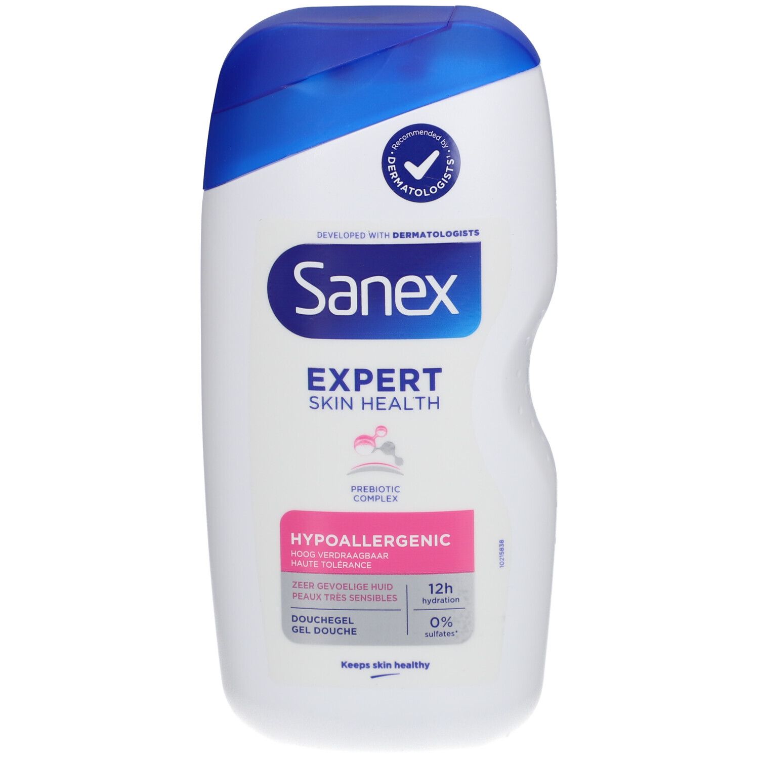 Sanex Expert Skin Health douchegel. Witte fles met blauwe dop. Tekst: Hypoallergeen, zeer gevoelige huid.