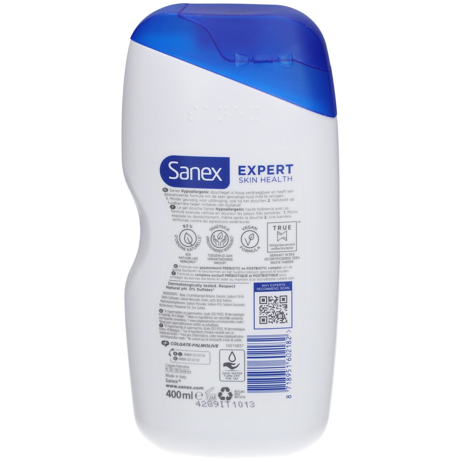 Achterkant van de Sanex Expert Skin Health douchegelfles. Bevat informatie en logo's. Volume: 400ml.
