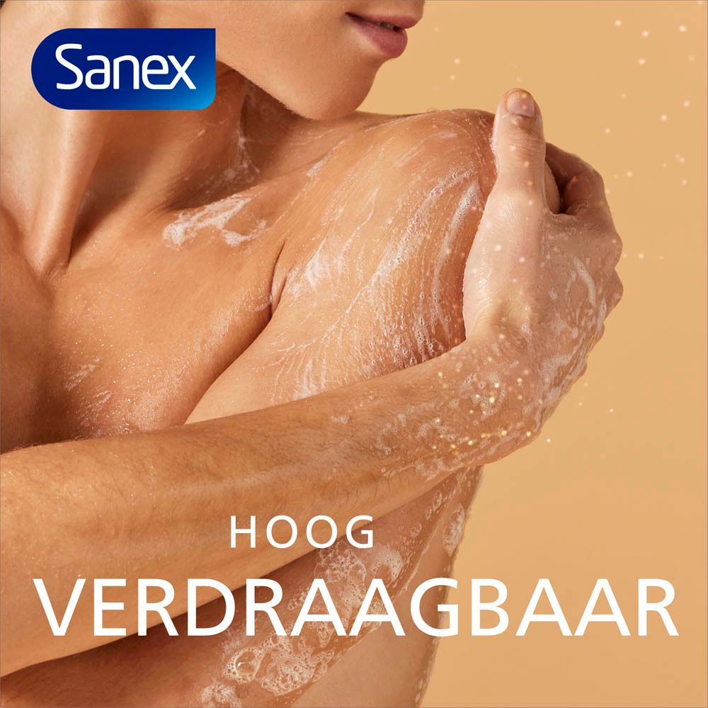 Vrouw wast arm. Tekst: Hoog verdraagbaar. Sanex logo.