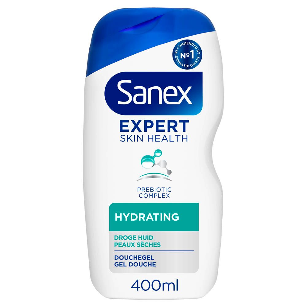 Gel douche Sanex Expert Skin Health. Flacon blanc, bouchon bleu. Texte: Hydratant, 400ml.