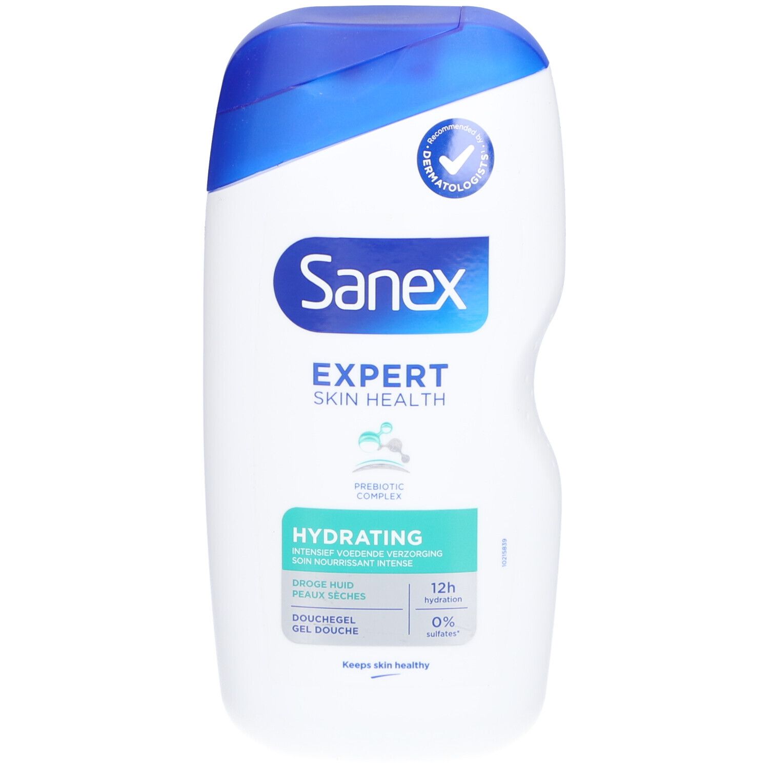 Sanex Expert Skin Health Duschgel. Weiße Flasche mit blauem Deckel. Text: Hydrating, 12h Feuchtigkeit, 0% Sulfate.